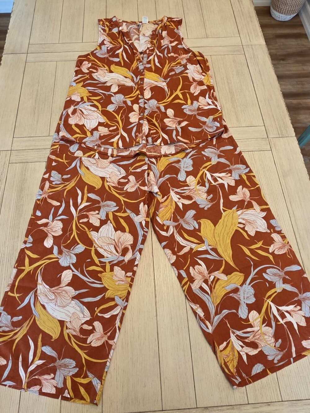 Cynthia Rowley Linen Blend 2pc Pant Set Floral Rust Cream